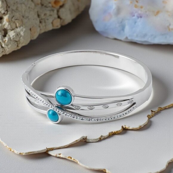 🆕️18K Gold Plated Turquoise & Zirconia Bangle Bracelet | Dainty Elegant & Chic✨ - Picture 1 of 16